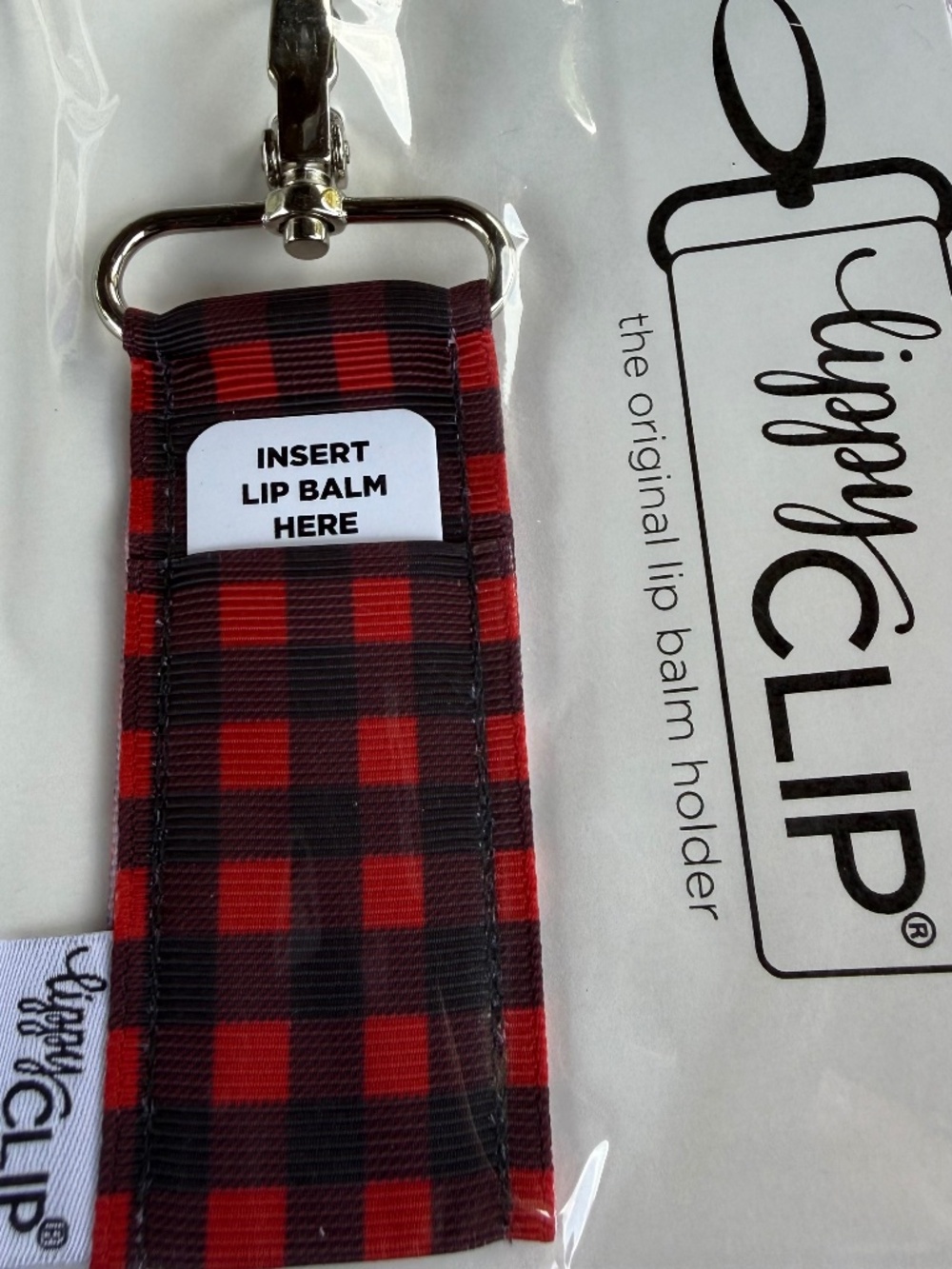 LippyClip Red and Black Buffalo Plaid Lip Balm Holder Keychain NEW